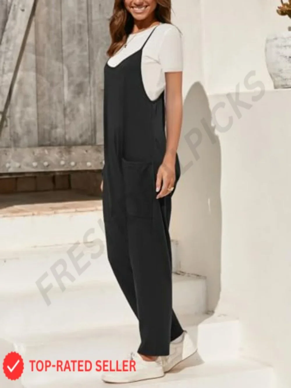 Women's Sleeveless Casual V Neck Jumpsuit with Pockets, Lightweight Cotton